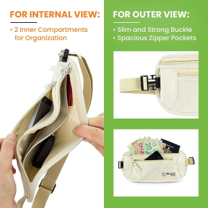 RFID Blocking Money Belt. Safe Waist Bag, Secure Belt for Men and Women by Boxiki Travel. Fits Passport, Wallet, Phone and Personal Items. Running Belt, Fanny and Waist Pack (Beige)