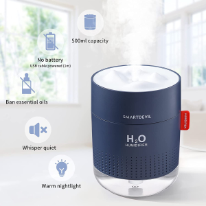 Smartdevil Small Humidifiers, 500Ml Desk Humidifiers, Whisper-Quiet Operation, Night Light Function, Two Spray Modes,Auto Shut-Off for Bedroom, Babies Room, Office, Home (Dark Blue)