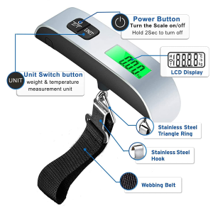 Digital Luggage Scale, Handheld Suitcase Scale with Backlit LCD Display, 110 Lbs/50Kg Portable Baggage Weighing Scale with Temperature Sensor for Travelers