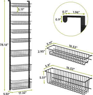 MOTYYA over the Door Pantry Organizer, 8-Tier Adjustable Baskets Pantry Organization and Storage, Metal Door Shelf with Detachable Frame, Space Saving Hanging Spice Rack for Kitchen Pantry Bathroom