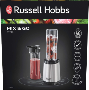 Russell Hobbs RHBL300, Mix and Go Stainless Steel Blender, 300 Watt Electric Motor and Dishwasher Safe, High Speed Blender, Silver/Black