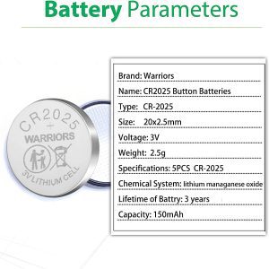 Warriors 2025 CR2025 Coin Button Cell 3V 3 Volt Lithium Batteries 5X Retail Pack Compliant with Coin Battery Safety Standards 2020