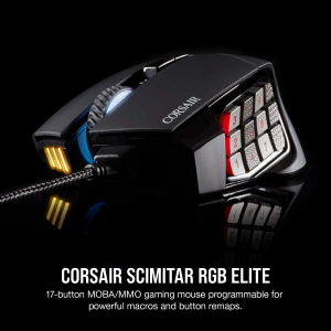 Corsair Scimitar Elite RGB Optical MOBA/MMO Gaming Mouse (18000 DPI Optical Sensor, 17 Programmable Buttons, 4-Zone RGB Multi-Colour Backlighting, Contoured Shape, On-Board Storage) – Black (CH-9304211-AP)