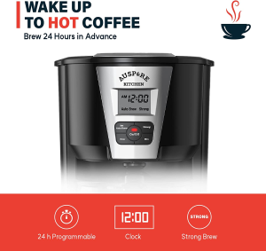 AUSPURE Coffee Maker, 12 Cup, Programmable Drip Filter Coffee Machine with Keep-Hot, Strength Control, LCD Display, Permanent Mesh Filter, Sleek Black Design, Ausbrew-1812