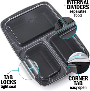 [10 Pack] 3 Compartment BPA Free Reusable Meal Prep Containers – Plastic Food Storage Trays with Airtight Lids – Microwavable, Freezer and Dishwasher Safe – Stackable Bento Lunch Boxes (32 Oz)