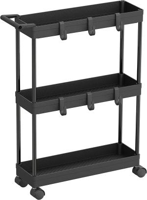 Simplehouseware 3-Tier Slim Rolling Cart with Handle and Hooks for Narrow Storage Places in Bathroom, Laundry and Kitchen, Black