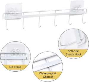 Yizhi Adhesive Wall Hooks Rack Kitchen Rail, Space Saving Utensil Holder No Drilling Wall Mounted Accessory Hanger with 6 Hooks for Kitchen Bathroom Bedroom Pack of 2 (White)