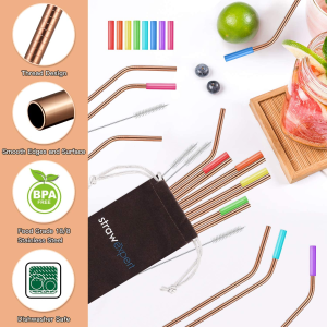 Strawexpert 16 Pack Rose Gold Reusable Metal Straws with Silicone Tip & Travel Case & Cleaning Brush,Long Stainless Steel Straws Drinking Straw for 20 and 30 Oz Tumbler