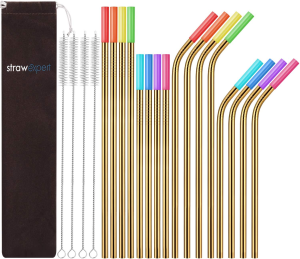 Strawexpert 16 Pack Rose Gold Reusable Metal Straws with Silicone Tip & Travel Case & Cleaning Brush,Long Stainless Steel Straws Drinking Straw for 20 and 30 Oz Tumbler