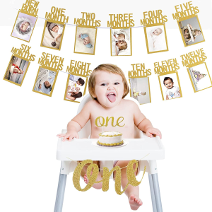 1St Birthday Baby Photo Banner for Newborn to 12 Months, with High Chair Banner, Monthly Milestone Photograph Bunting Garland First Birthday Celebration Decoration