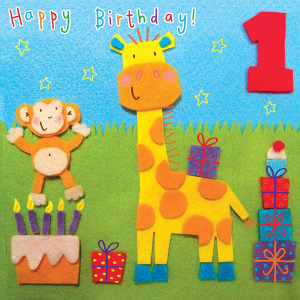 Twizler 1St Birthday Card for Child with Giraffe and Monkey – One Year Old – Age 1 – Childrens Birthday Card – Girls Birthday Card – Boys Birthday Card – Happy Birthday Card