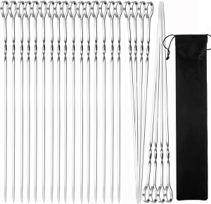 24Pcs Kabob Skewers, Betterjonny Flat Metal BBQ Barbecue Skewer 12″ Long Stainless Steel Reusable Shish Kebob Sticks Skewers for Grilling Meat Shrimp Chicken Vegetable