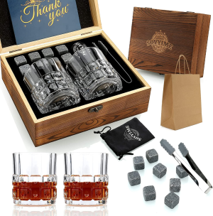 Whisky Stones Glasses Gift Set, 2 Crystal Bourbon Scotch Glasses 8 Whiskey Granite Chilling Rocks, Premium Wooden Gift Box Burbon Present for Whisky Lovers/Men/Christmas/Birthday/Holiday/Retirement/Father’S Day