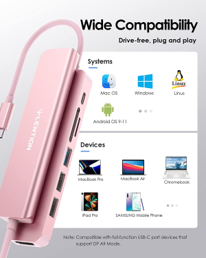 LENTION USB C Hub with 100W Charging, 4K HDMI, Dual Card Reader, USB 3.0 & 2.0 Compatible Iphone 15/15 Plus/15 Pro/15 Pro Max, Macbook Pro, New Mac Air/Surface, Chromebook, More(Cb-Ce18, Rose Gold)