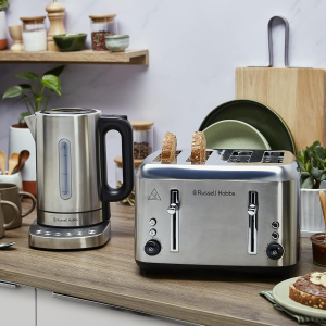 Russell Hobbs Addison 4 Slice Toaster, RHT514BRU, Dual Browning Controls, Defrost & Reheat, Wide Slots, Brushed Stainless Steel