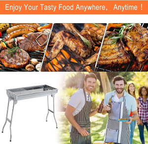 Charcoal BBQ Grill Set, Portable Stainless Steel Small Roaster Foldable Leg Outdoor Barbecue