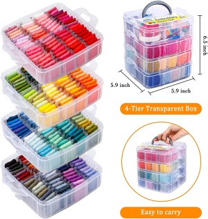 INSCRAFT 403 Pack Embroidery Floss Set, 250 Colors Cross Stitch Friendship Bracelet Thread with 153 Pcs Cross Stitch Tool, 4-Tier Transparent Box for Storage