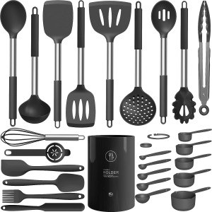 Silicone Cooking Utensils Set – Heat Resistant Kitchen Utensils,Turner Tongs,Spatula,Spoon,Brush,Whisk,Stainless Steel Gray Silicone Cooking Tool for Nonstick Cookware,Dishwasher Safe (Large)