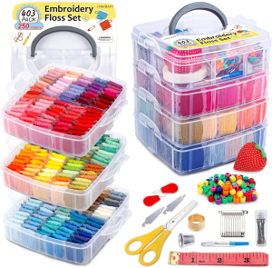 INSCRAFT 403 Pack Embroidery Floss Set, 250 Colors Cross Stitch Friendship Bracelet Thread with 153 Pcs Cross Stitch Tool, 4-Tier Transparent Box for Storage