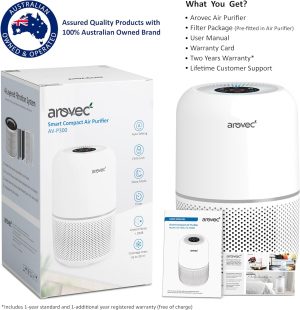 AROVEC Air Purifier Smart True HEPA Filter, Air Cleaner for Allergies, Smokers, Pets, Pollen, Dust, Odour Eliminators for Bedroom, Smart Air Quality Sensor, 2-Yr Warranty, AV-P300, White.