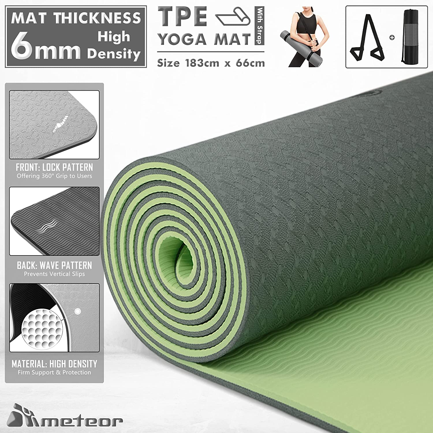METEOR Essential 6Mm Dual-Tone Yoga Mat with Alignment Lines, TPE Yoga Mat  Non-Slip Textured, High-Density Padding for Knee Comfort, Perfect for Yoga,  Pilates and Fitness Exercise