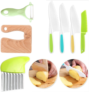 Taicols Kids Cooking Cutter Set, 8 Pcs Kids Knife Set, Kids Safe Knives Set, Wooden Kids Kitchen Knife, Toddler Kitchen Cutter Set Montessori Kitchen Tools for Toddlers Chopper Cutting Fruit Vegetable