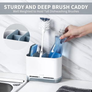 JOMOLA Kitchen Sink Caddy Organizer Sponge Holder Dish Scrub Brush Caddy with Drain Tray and Dividers Countertop Dish Wand Holder for Dishwashing Scrubber Toothbrush Scraper Gray