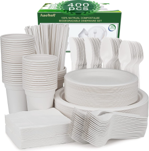 400Pcs Eco-Friendly Biodegradable Disposable Paper Plates and Cutlery Napkins Cups Set, Non-Plastic Compostable Sugarcane Bagasse Tableware Dinnerware Dining Sets for Dinner Picnic Camping Party BBQ