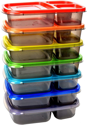 Youngever 7 Pack Bento Lunch Box, Meal Prep Containers, Re-Usable 3 Compartment Plastic Divided Food Storage Container (Rainbow)