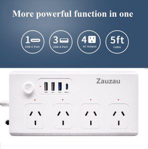 Zauzau Fast Charging PD 40W Power Strip and Surge Protectors Type-C 30W USB-C 18W 4 AC Outlets 10A 1650W 5 Foot Extension Cord Flat Plug for Home Office Hotel (White)