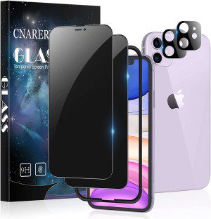 [2+2 Pack] Cnarery Privacy Screen Protector for Iphone 11 with Alignment Frame, 2 Pack Full Coverage Privacy Tempered Glass Screen Protector and 2 Pack Camera Lens Protector[Easy Installation]