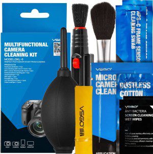 VSGO DKL-6 Camera Cleaning Kit Essential Package for DSLR and Sensitive Electronics: APS-C Sensor and Cotton Swab, Lens Pen/Brush, Wet Wipes, Lens Cleaning Paper, Microfiber Cloth, Air Blower, Blue