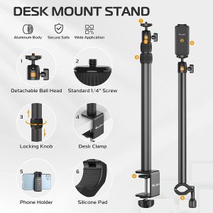 VIJIM LS02 Camera Desk Mount Stand with Auxiliary Holding Arm, Extendable Tabletop Aluminum Desk Clamp with Rotatable Ball Head & Phone Holder, Standard ¼ Screw for DSLR Camera, Ring Light & Webcam