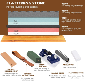 BRITOR Knife Sharpening Stone,Whetstone Sharpener Includes 4 Side Grit 400/1000 3000/8000 Whetstones, Non-Slip Bamboo Base, Angle Guide，Polishing Compound，Leather Strop, Flattening Stone