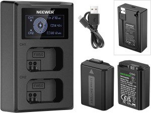 Neewer NP-FW50 Replacement Battery Charger Set, Compatible with Sony ZV-E10, A7, A7R, A7Rii, A7Ii, A7Sii, A7S, A7Rii, A6300, A6400, A6500, RX10, 2-Pack 1100Mah Battery, Dual USB Charger, USB-C Cable