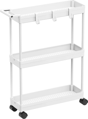 Simplehouseware 3-Tier Slim Rolling Cart with Handle and Hooks for Narrow Storage Places in Bathroom, Laundry and Kitchen, Black