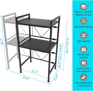 Microwave Shelf, Microwave Stand Expandable Microwave Oven Rack, Kitchen Shelf Storage & Organisation, Adjustable Width & Height Kitchen Stand Counter Shelf with 3 Hooks (Black 2-Tier)