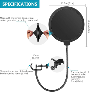 Neewer Professional Microphone Pop Filter Shield Compatible with Blue Yeti and Any Other Microphone, Dual Layered Wind Pop Screen with a Flexible 360 Degree Gooseneck Clip Stabilizing Arm