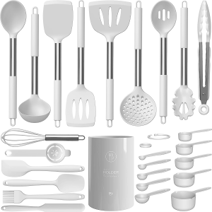 Silicone Cooking Utensils Set – Heat Resistant Kitchen Utensils,Turner Tongs,Spatula,Spoon,Brush,Whisk,Stainless Steel Gray Silicone Cooking Tool for Nonstick Cookware,Dishwasher Safe (Large)