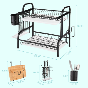 Letersu Dish Drying Rack, 2 Tier Stainless Steel Dish Rack for Kitchen Counter, Large Rust-Proof Dish Drainer with Drainboard, Utensil Holder, Cutting Board Holder, Black