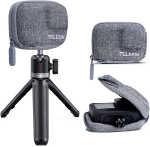 TELESIN Mini Carry Case for Gopro Hero 11 10 9 Black, Pocket Size Travel Portable Storage Bag with Half Open Zipper Supports Connecting with Go Pro 11 10 9 Selfie Stick and Tripod Accessories