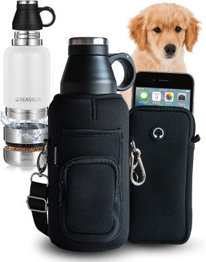 SEASSUN Dog Water Bottle and Dog Walking Bag with Mobile Phone Holder – 950Ml Insulated Dog Drink Bottle with Two Detachable Dog Bowls & Neoprene Adjustable Crossbody Bag with Dog Treat Pouch