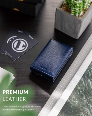 Credit Card Holder Genuine Leather Bifold Pop up Wallet with Banknote Compartment, ID Window & Coin Pocket(Cross Navy)