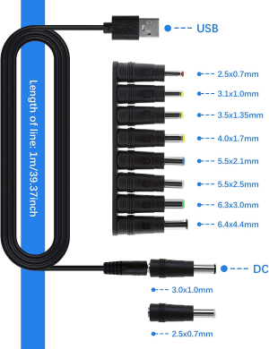 USB to DC 5.5Mm X 2.1Mm Jack Plug Power Cable Cord 1M for Laptops Pc Monitor Router Speaker with 10 DC Adapter Connectors