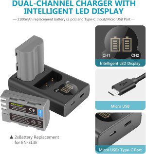 Neewer 2 Packs 2100Mah Battery Replacement for Nikon En-El3E Battery and Dual USB Charger with LCD Display Compatible with Nikon D50 D70 D70S D80 D90 D100 D200 D300 D300S D700 Digital SLR Cameras