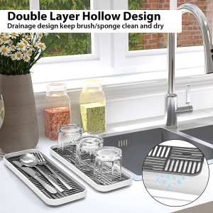 Sink Soap Tray 2 Packs, Sponge Holder with Detachable Drain Tray, Double Layer Sink Organiser for Kitchen Counter/Bathroom, Dish Soap Bottle,Soap Dispenser, Grey+White