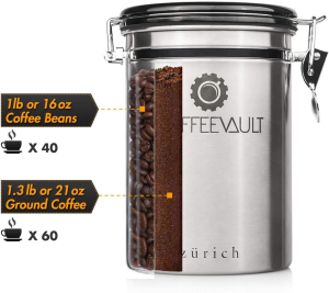 Zurich Coffee Vault Coffee Canister Airtight Freshness Protected. Coffee Canister with Scoop