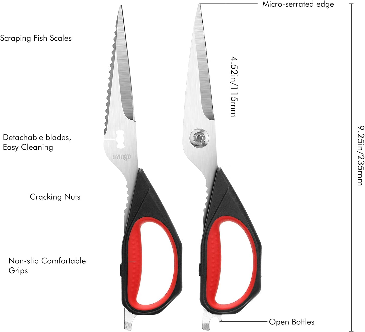 Kitchen Scissors - Heavy Duty Utility Come Apart Kitchen Shears for  Chicken, Meat, Food, Vegetables - 9.25 Inch Long Black & Red