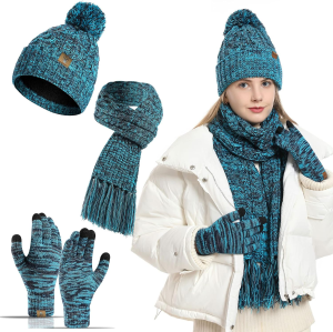 3 in 1 Winter Beanie Hat Neck Warm Scarf and Touch Screen Gloves Set for Women and Men,Knit Cap Set