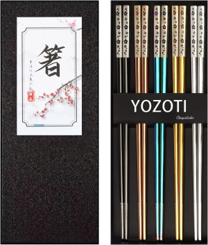 YOZOTI Stainless Steel Rainbow Color Chopsticks, Reusable Chopsticks, 5 Pairs Dishwasher Safe Metal Chopsticks, Easy to Use, Square Lightweight Chop Sticks – Gift Set(Dazzling)